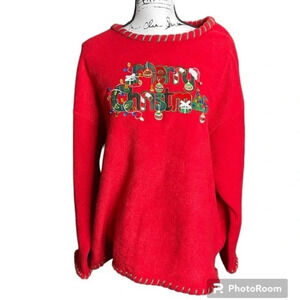 Mandal Bay Shirt Fleece Pullover Crew Neck Embroidery Merry Christmas XXL Red